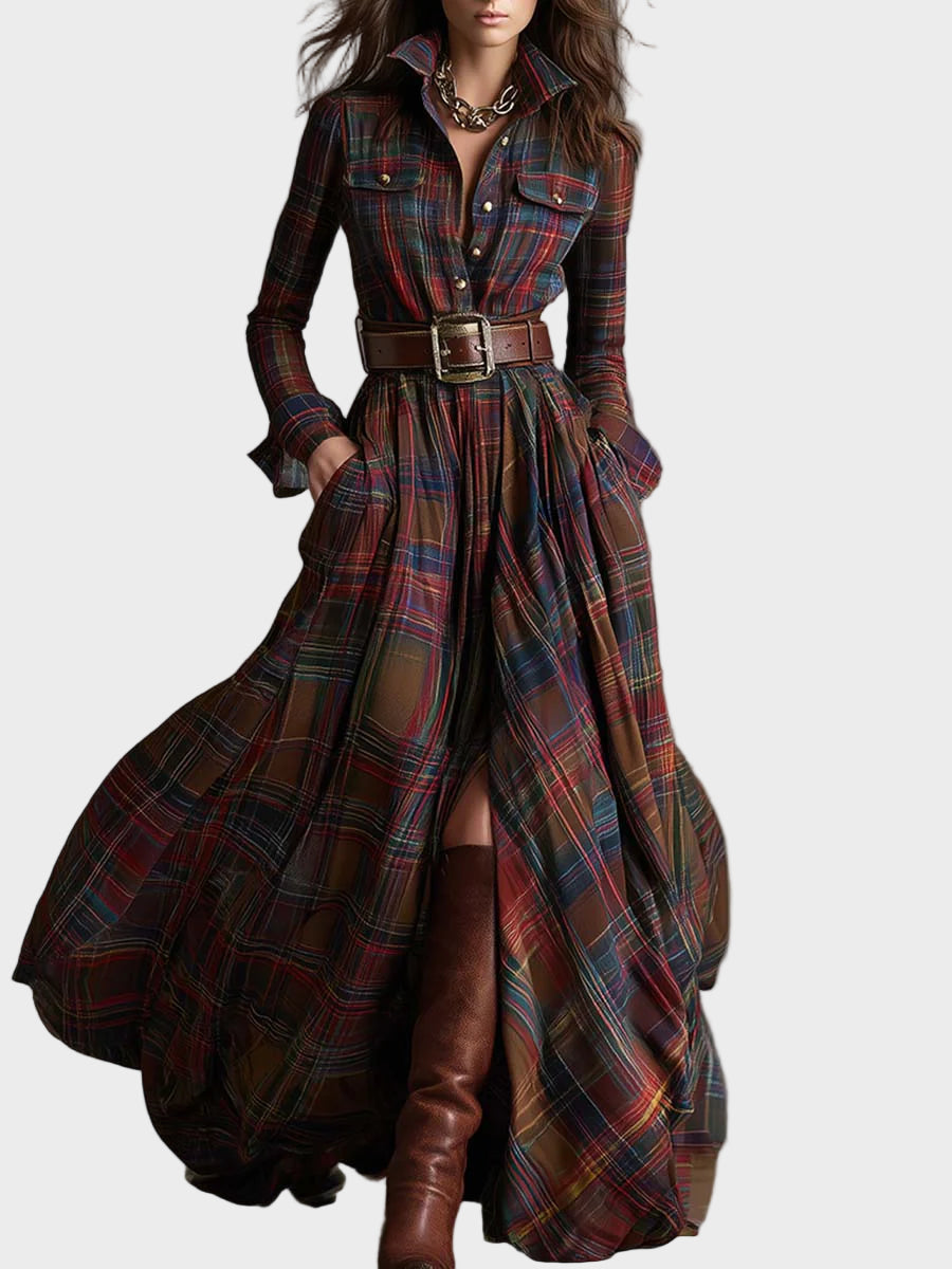 Beatriz - Dlouhé kostkované šaty s páskem