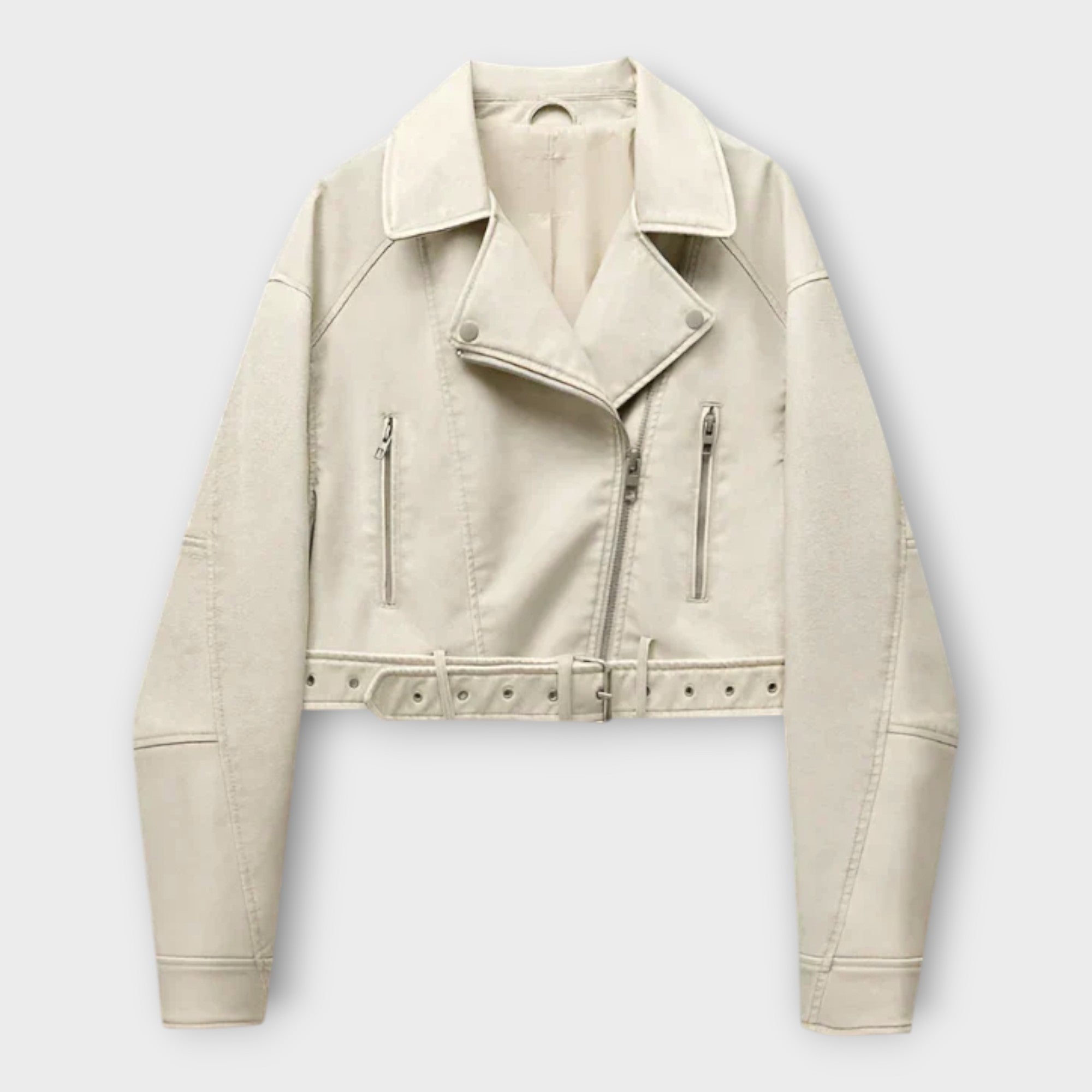 Moderní Krátká Kožená Bunda s Páskem a Vytříbenou Estetikou