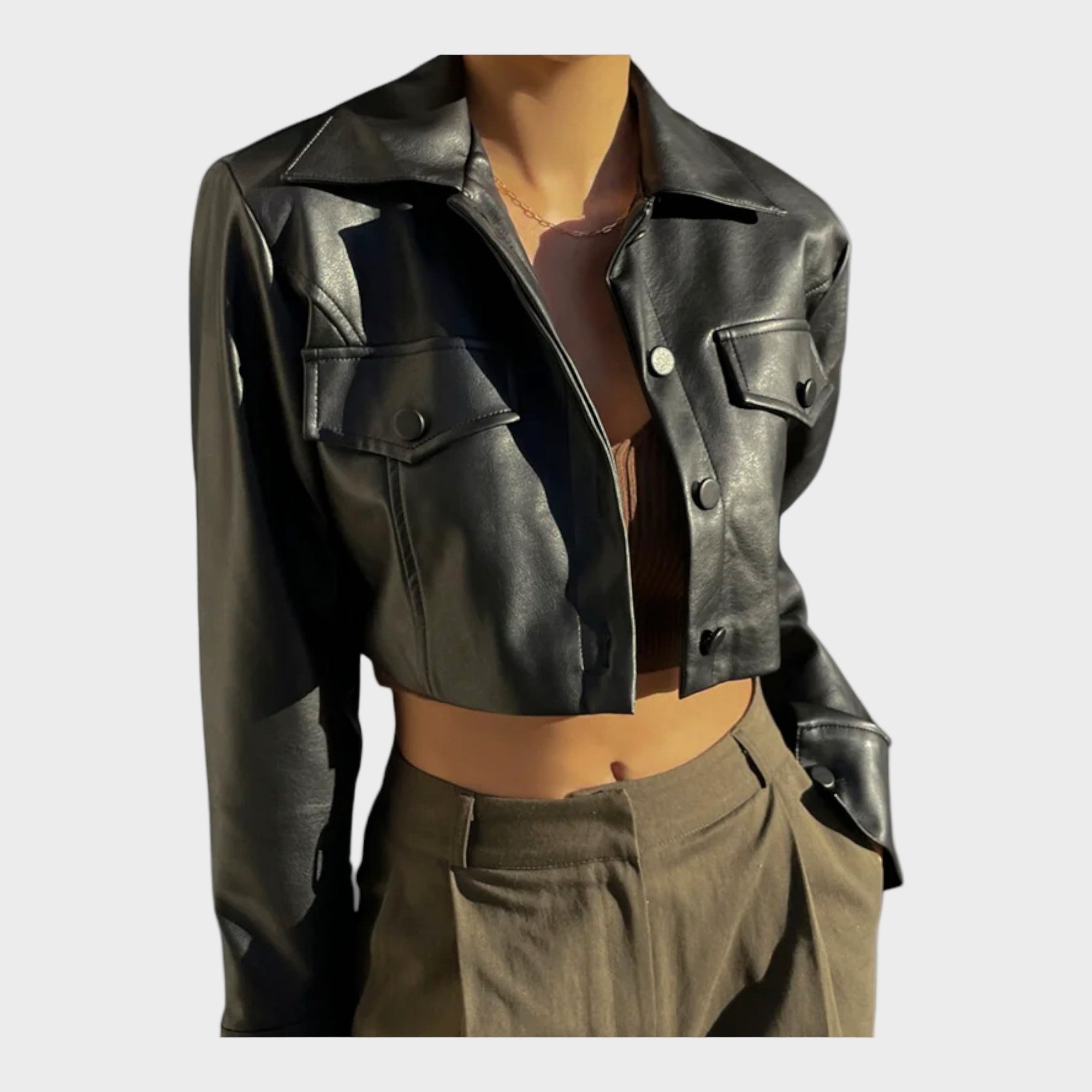 Krátká kožená bunda s kapsami