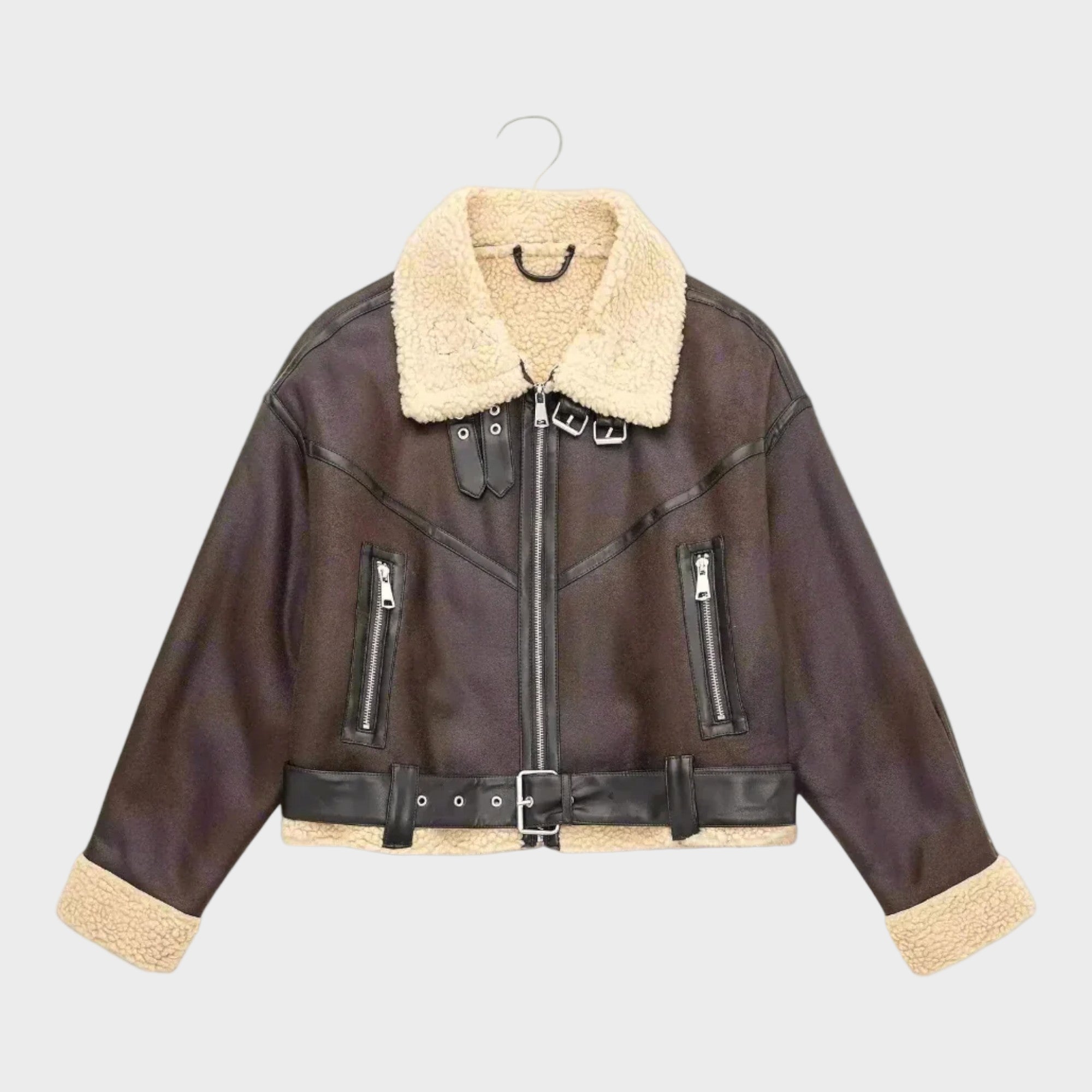 Kožená Krátká Bunda s Kožešinou a Páskem